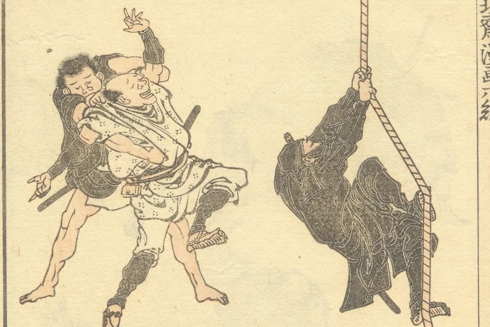 Prent uit de Hokusai Manga met een ninja die langs een touw omhoog klimt